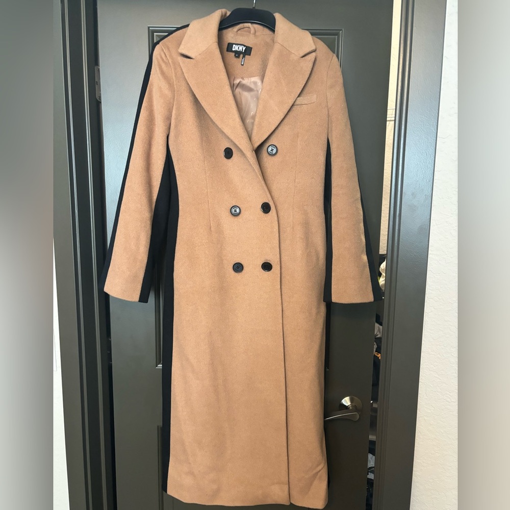 DKNY Camel and Black Long Double-Breasted Wool Coat